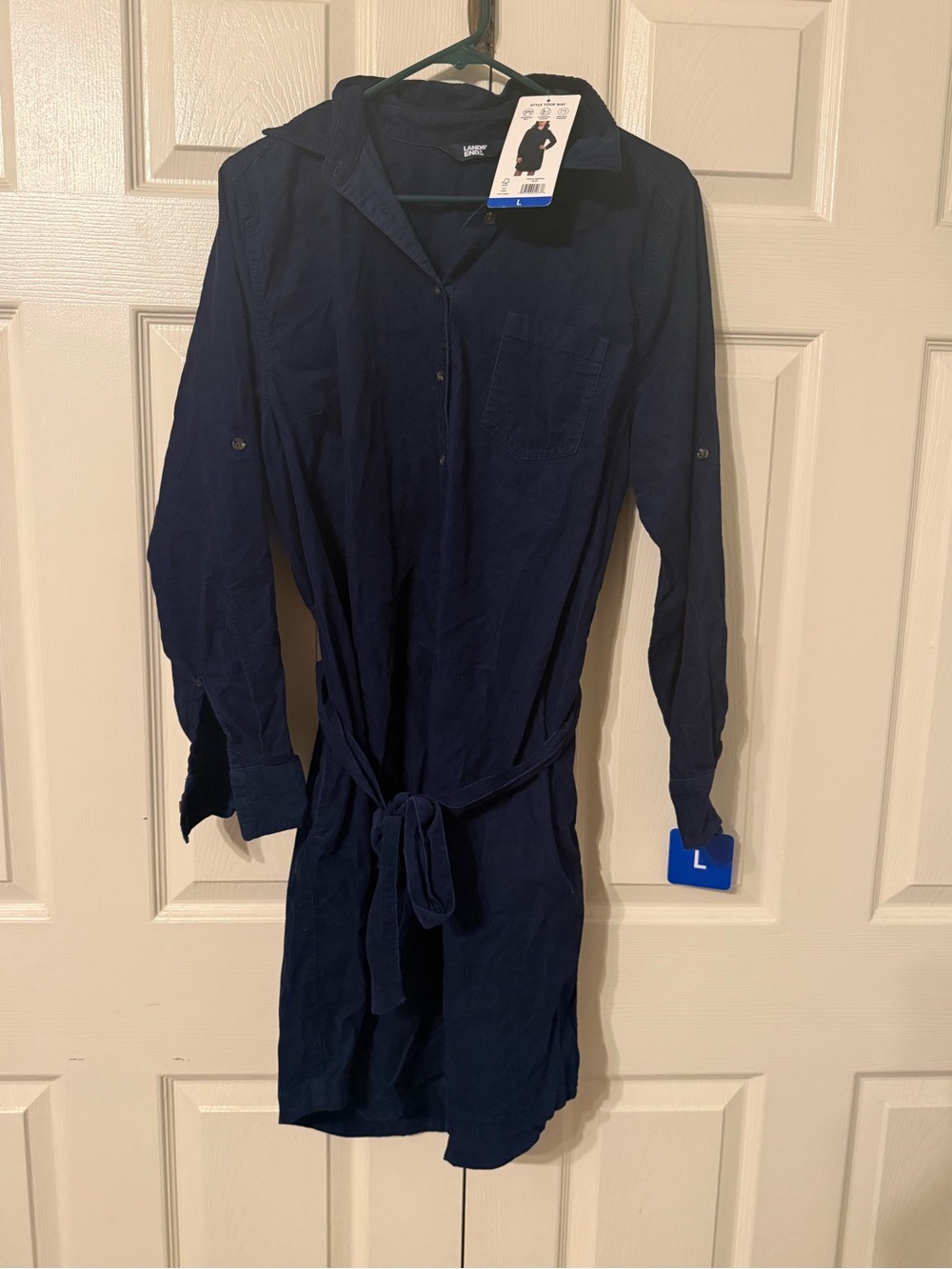 Lands' End Navy Long-Sleeve Shirt Dress with Waist Tie